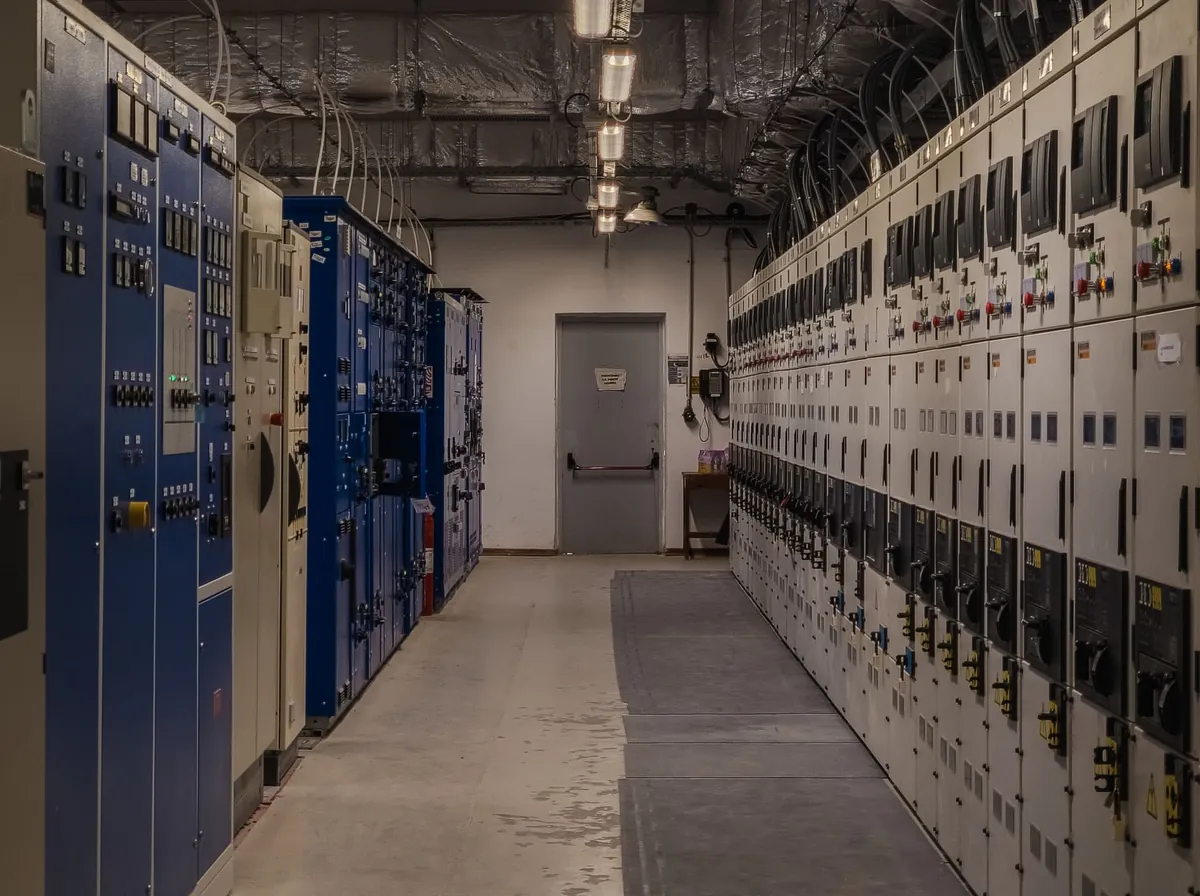 Corredor de uma sala de painéis elétricos de média tensão, com fileiras de cubículos dos dois lados